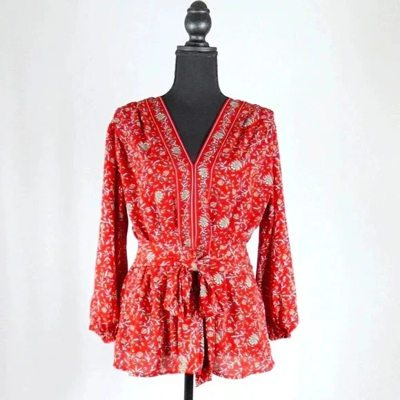 Max Studio Red Floral Blouse Long Sleeve Tie Front-Size M - Picture 2 of 8